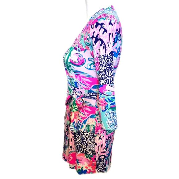 Lilly Pulitzer Karlie Wrap Romper, hot pink, aqua, blue, white, size XXS - Picture 2 of 11